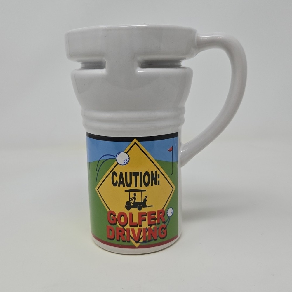 Vintage‎ 12-oz "Caution: Golfer Driving"   Travel Mug Coffee Tea Golf Cart Car